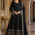 Luxury black 3 piece embroidered maxi dress with matching trousers and embellished dupatta by Maryam Qasim Boutique.