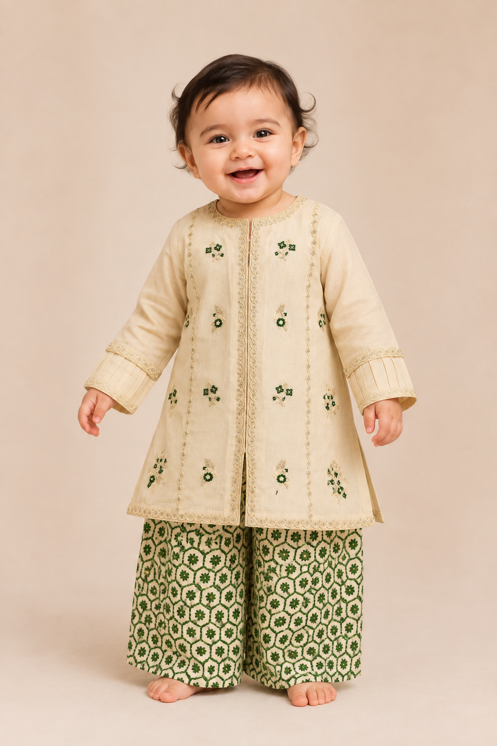 Fancy embroidered cream baby girls 2 piece lawn outfit with printed trousers in Canada & US