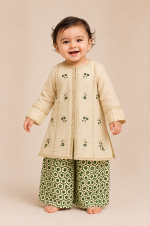Fancy embroidered cream baby girls 2 piece lawn outfit with printed trousers in Canada & US