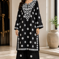 Black linen embroidered 2 piece cord set for women with embroidered palazzo trousers by Maryam Qasim Boutique