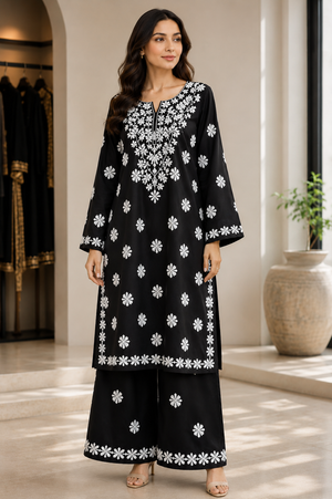 Black linen embroidered 2 piece cord set for women with embroidered palazzo trousers by Maryam Qasim Boutique