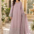 Luxury dusty rose 3 piece embroidered maxi dress with matching trousers and embellished dupatta by Maryam Qasim Boutique.