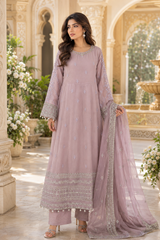 Luxury dusty rose 3 piece embroidered maxi dress with matching trousers and embellished dupatta by Maryam Qasim Boutique.