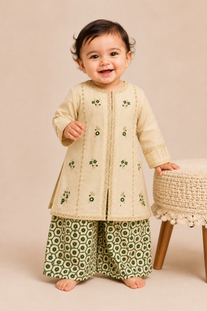 Baby Choice cream embroidered baby girls dobby lawn suit with green printed palazzo in Canada