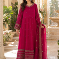 Luxury deep pink 3 piece embroidered maxi dress with matching trousers and embellished dupatta by Maryam Qasim Boutique, elegant Pakistani formal wear for weddings, Eid, parties, and festive occasions in Canada.