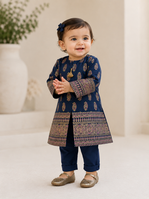 Baby Choice blue embroidered girls cotton 2 piece suit with matching trousers in Canada.