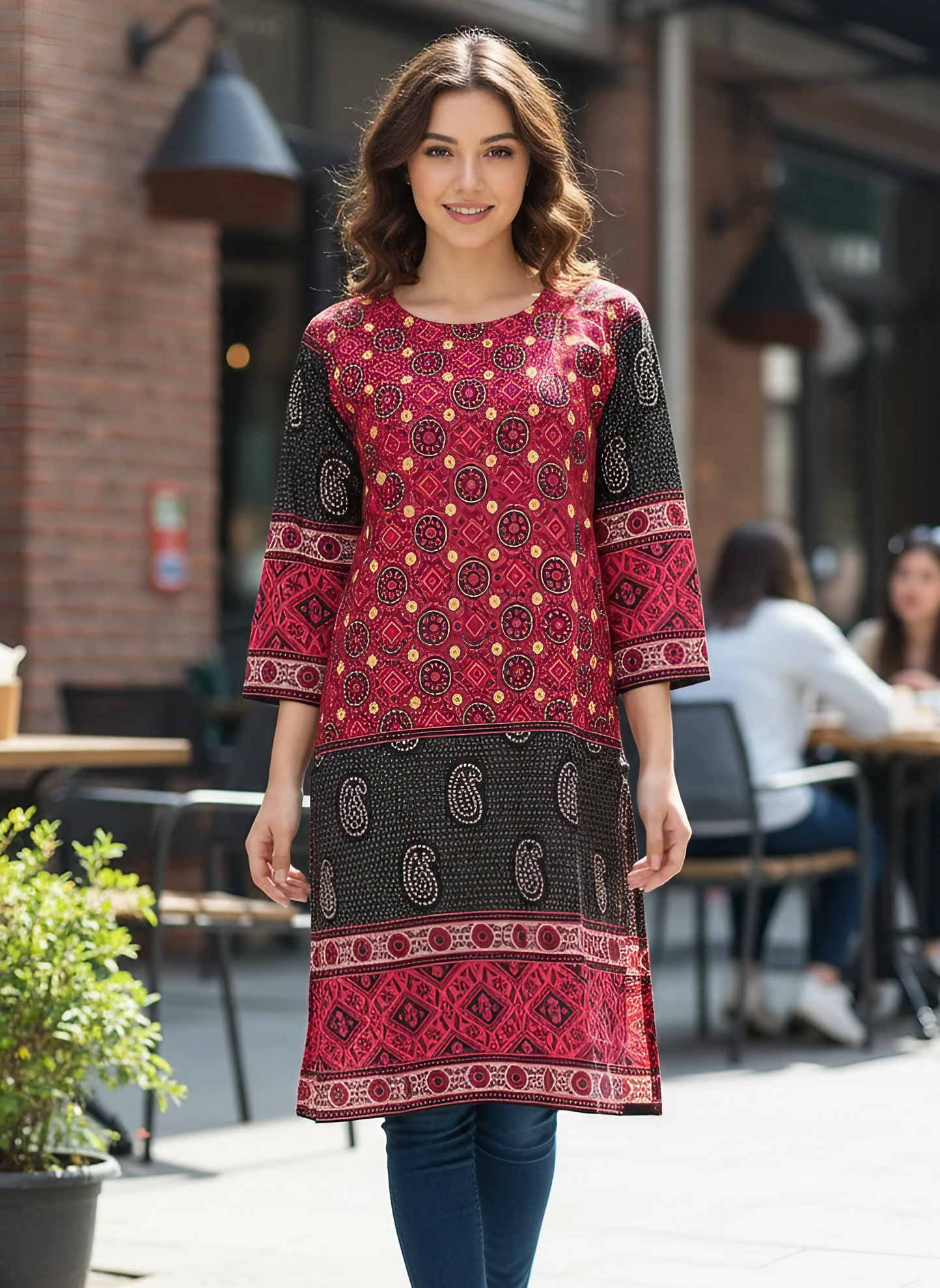 Red lining kurti top for women with stylish casual design by Maryam Qasim Boutique