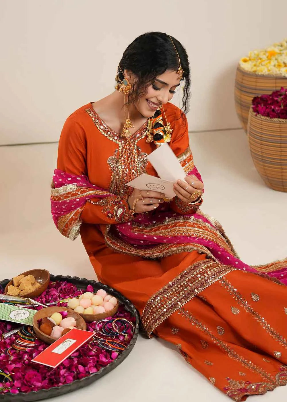 3 piece Rust Orange Raw Silk Sharara Suit – Zarqun Formal Wear Canada