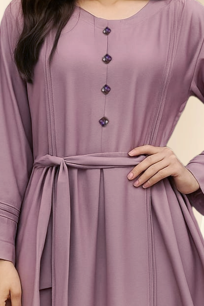 Blush Pink Pleated Abaya with Decorative Gem Look & Waist Belt