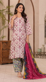 Pink Magenta Chiken Kari Embroidered Lawn 3 Piece Suit with Farshi Shalwar