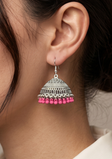 Pink & Silver Pearl Jhumka Earrings – Traditional Pakistani Jewelry