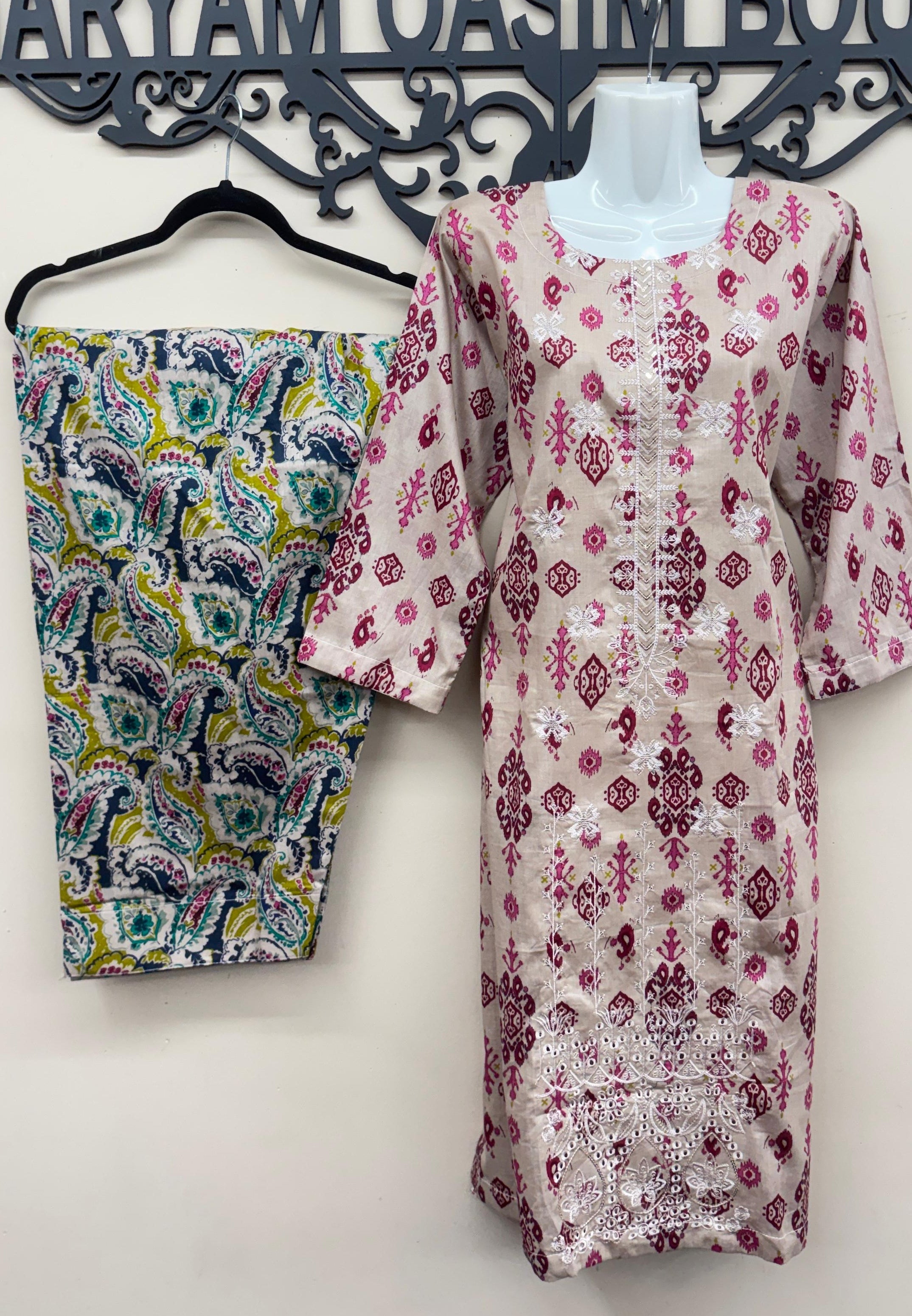 Pink magenta chicken kari embroidered lawn 3 piece Pakistani suit with Farshi shalwar