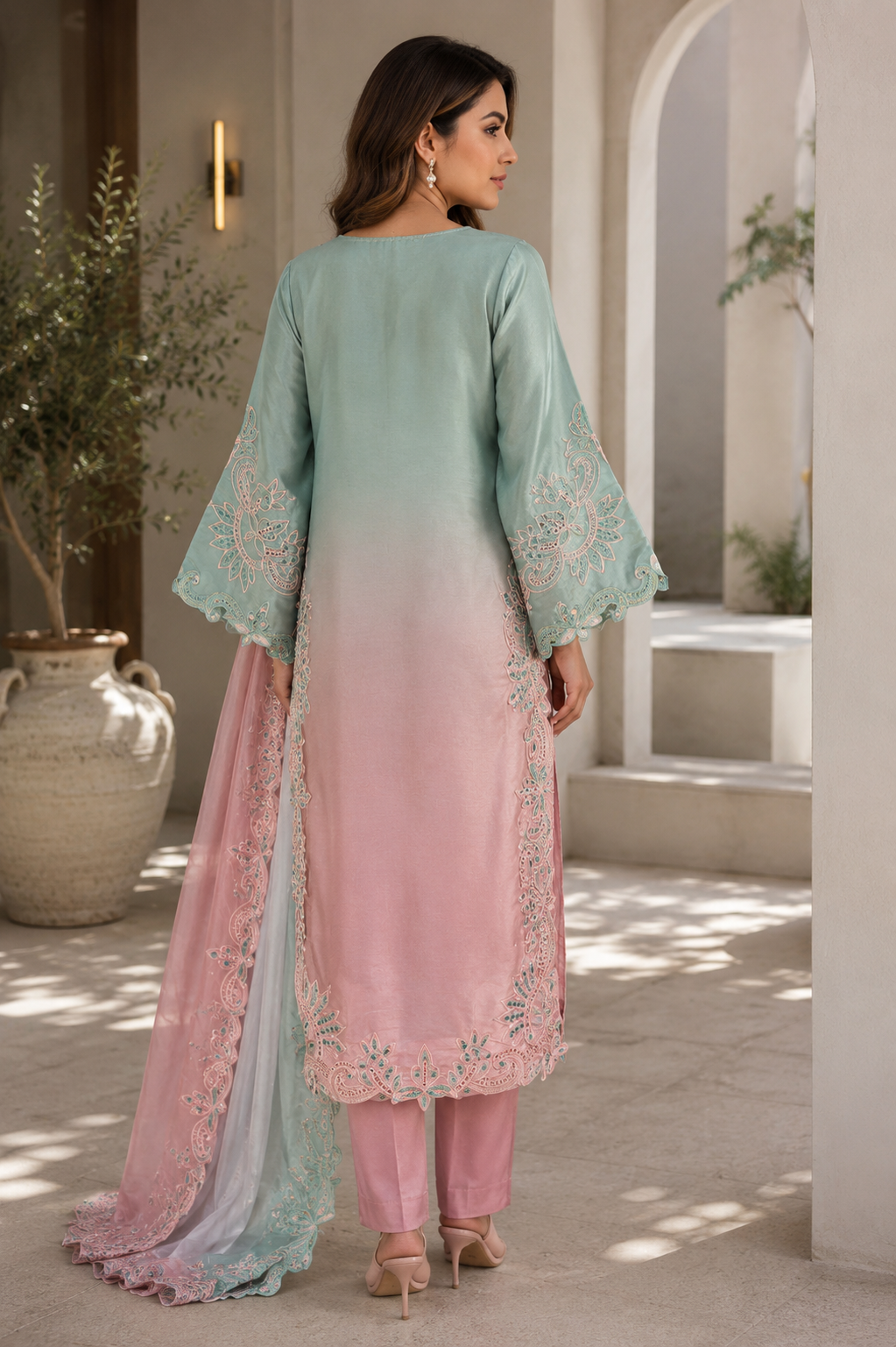 Full-length back view Pakistani embroidered dress