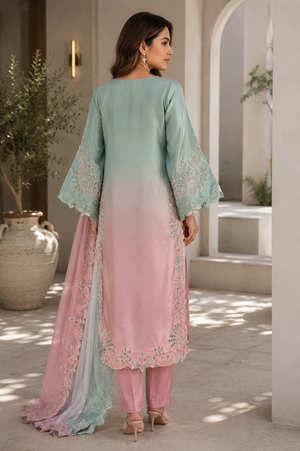 Full-length back view Pakistani embroidered dress