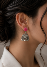 Pink Stone Silver Jhumka Earrings – Traditional Pakistani Jewelry