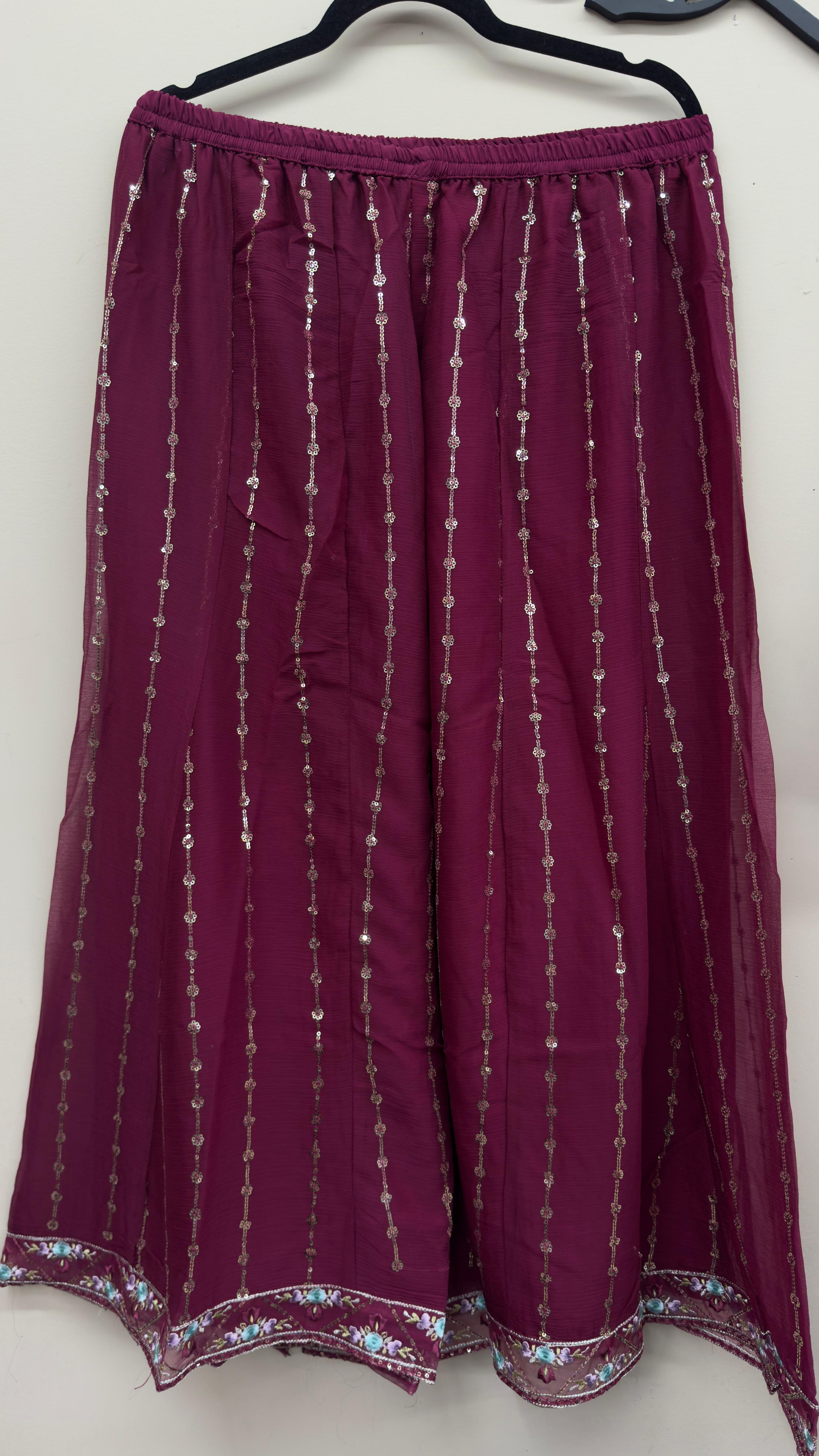 Plum chiffon embroidered shirt and matching trousers