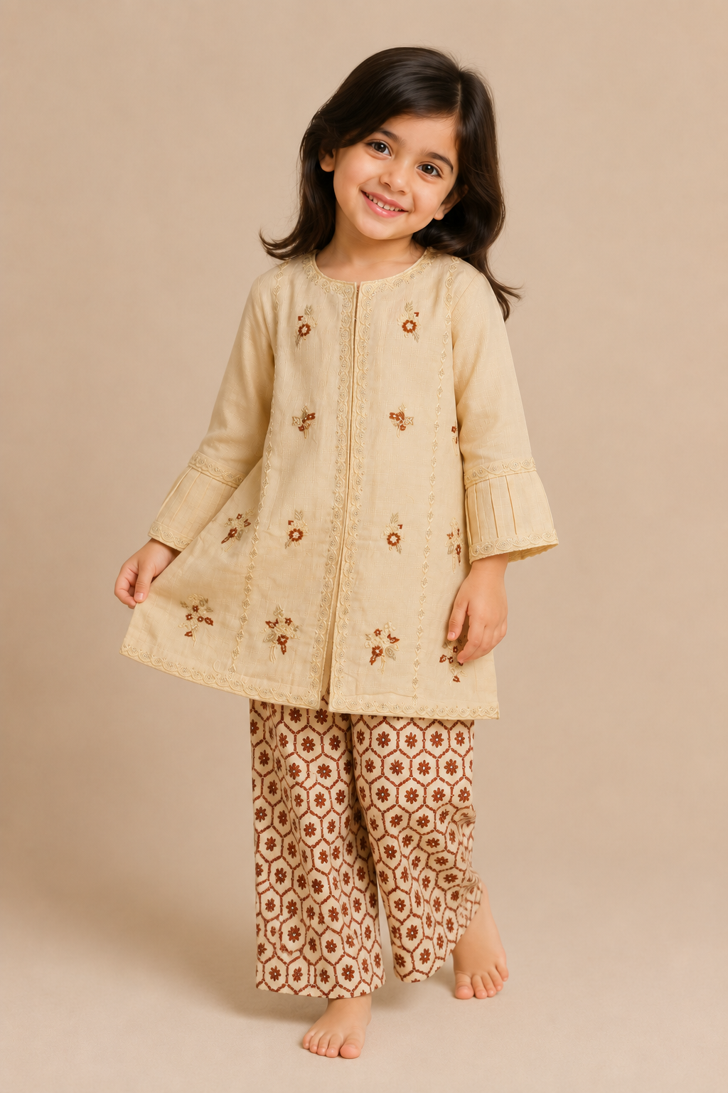 Baby Choice cream embroidered girls dobby lawn suit with brown printed palazzo in Canada.