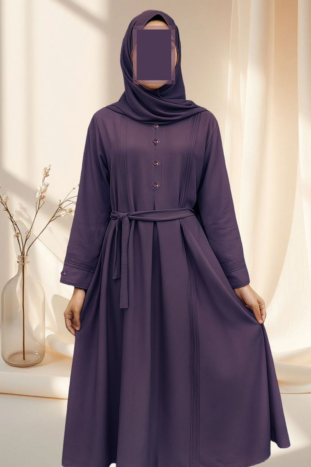 Purple Pleated Abaya with Decorative Gem Look & Waist Belt
