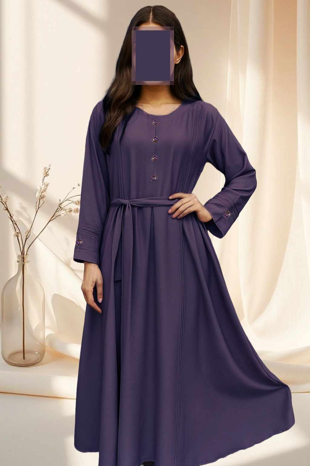 Purple Pleated Abaya with Decorative Gem Look & Waist Belt