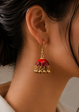 Red and Gold Petal-Dome Jhumka Earrings