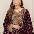 Maroon Velvet Embroidered Suit 3 Piece