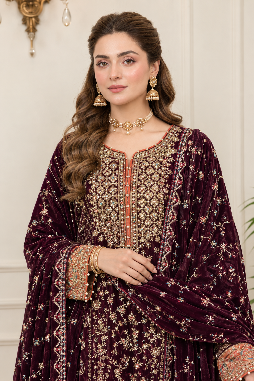 Maroon Velvet Embroidered Suit 3 Piece