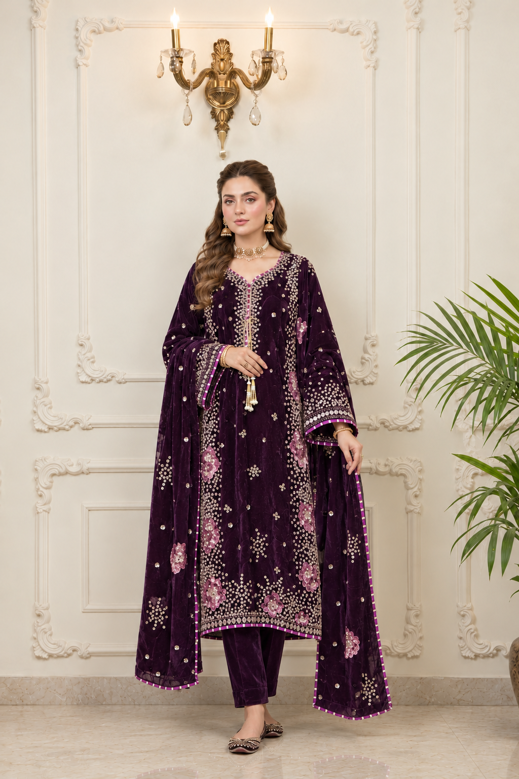 Purple Embroidered Velvet Kaftan 3 Piece Suit