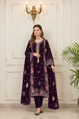 Purple Embroidered Velvet Kaftan 3 Piece Suit