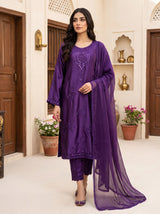 Royal Purple Embroidered Silk 3-Piece Pakistani Suit with Chiffon Dupatta