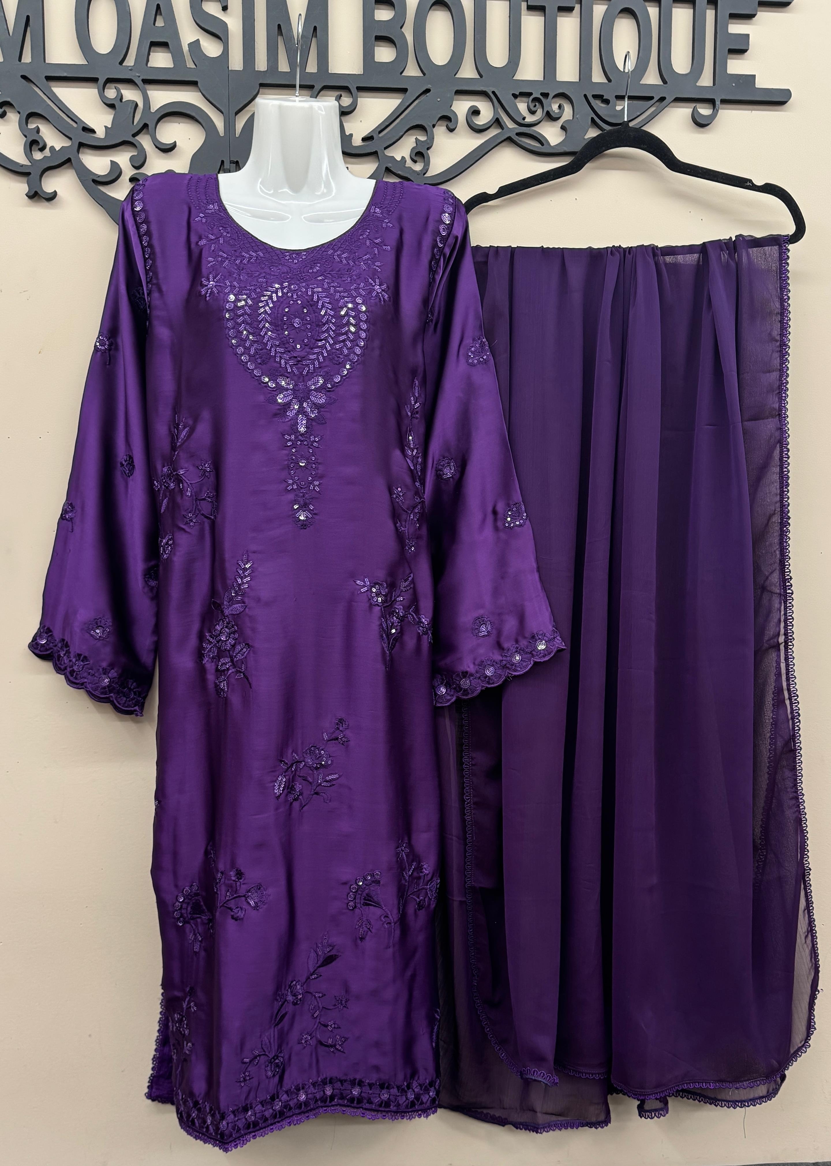 Royal purple Pakistani formal suit with embroidered silk trousers