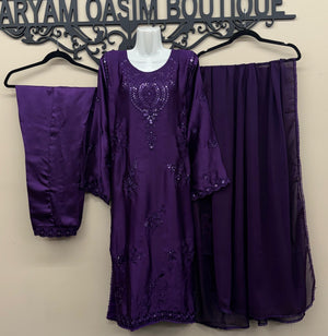 Royal purple embroidered silk 3-piece Pakistani suit with chiffon dupatta