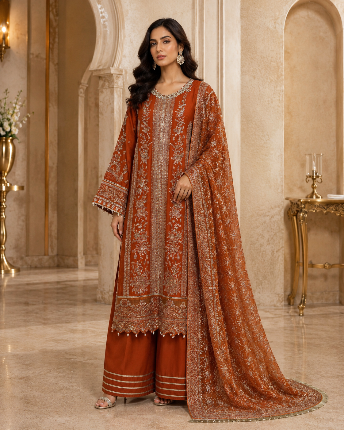Rust terracotta embroidered Pakistani 3-piece suit in Canada.
