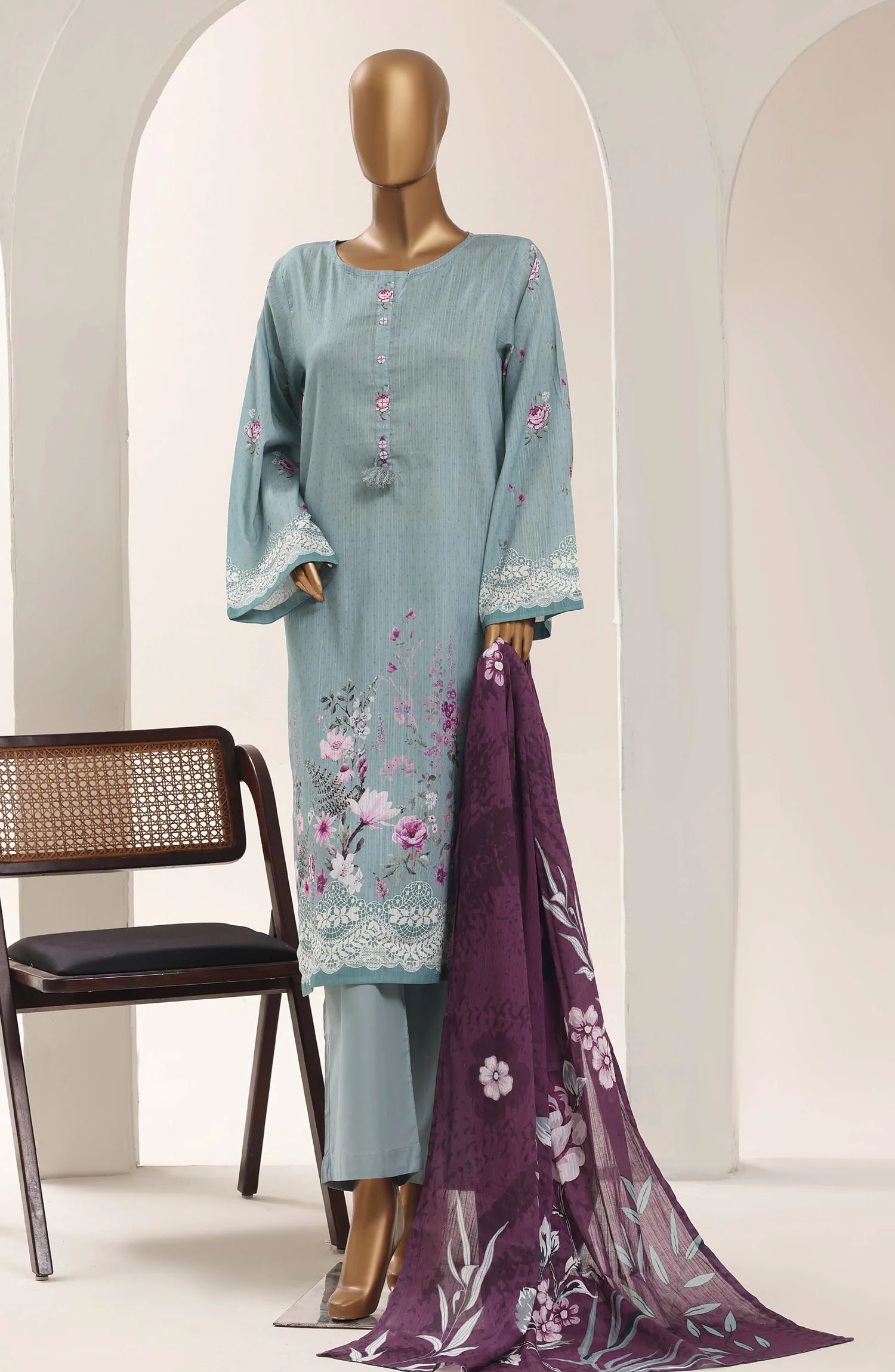 Sadabahar Aqua Blue Printed Lawn 3 Piece Suit – Elegant Summer Wear