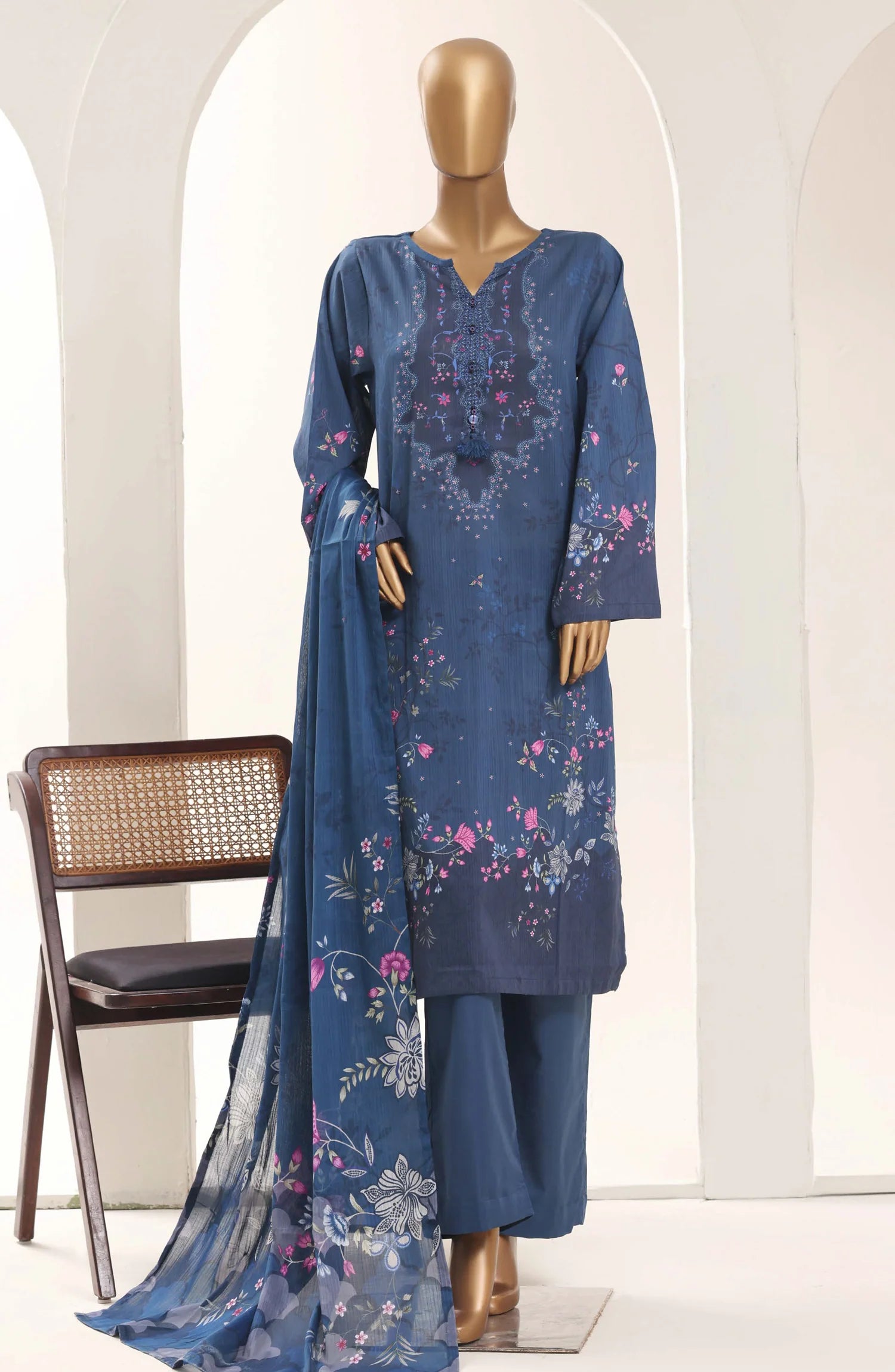 Sadabahar Classic Blue Printed Lawn Stitched 3 Piece Suit