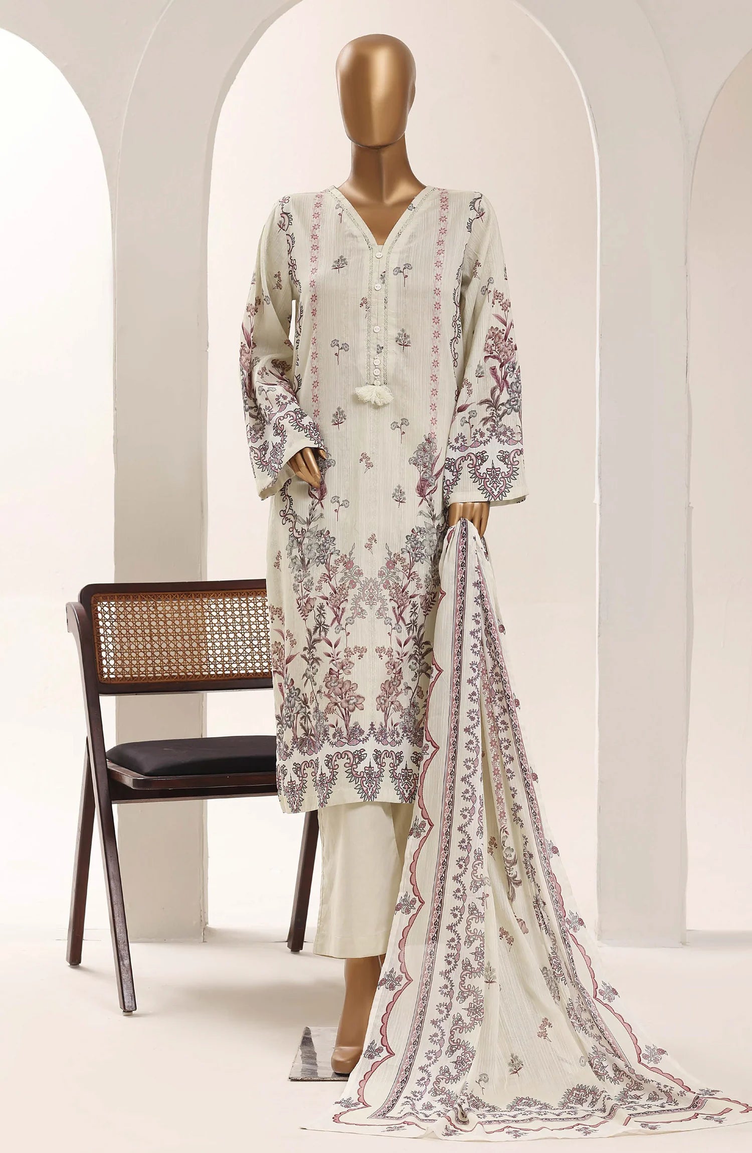Sadabahar Off White Printed Lawn Stitched 3 Piece Suit – Summer Collection