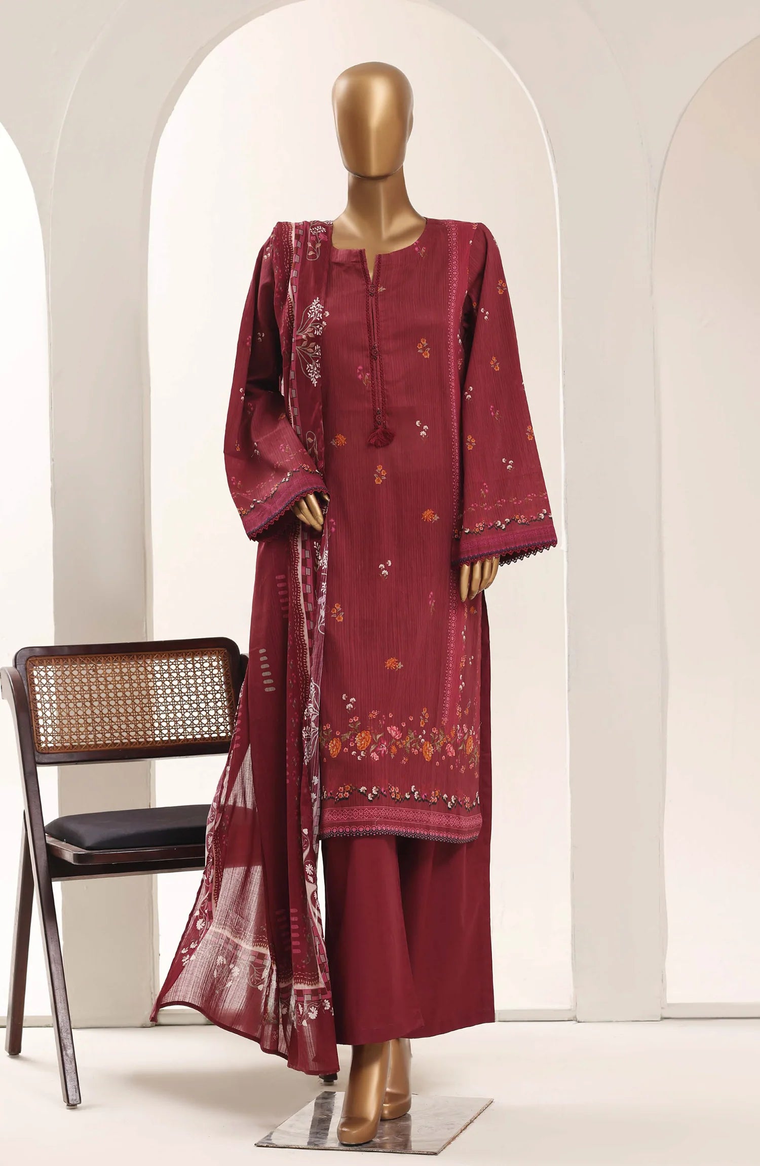 Sadabahar Maroon Printed Lawn Stitched 3 Piece Suit – Summer Collection