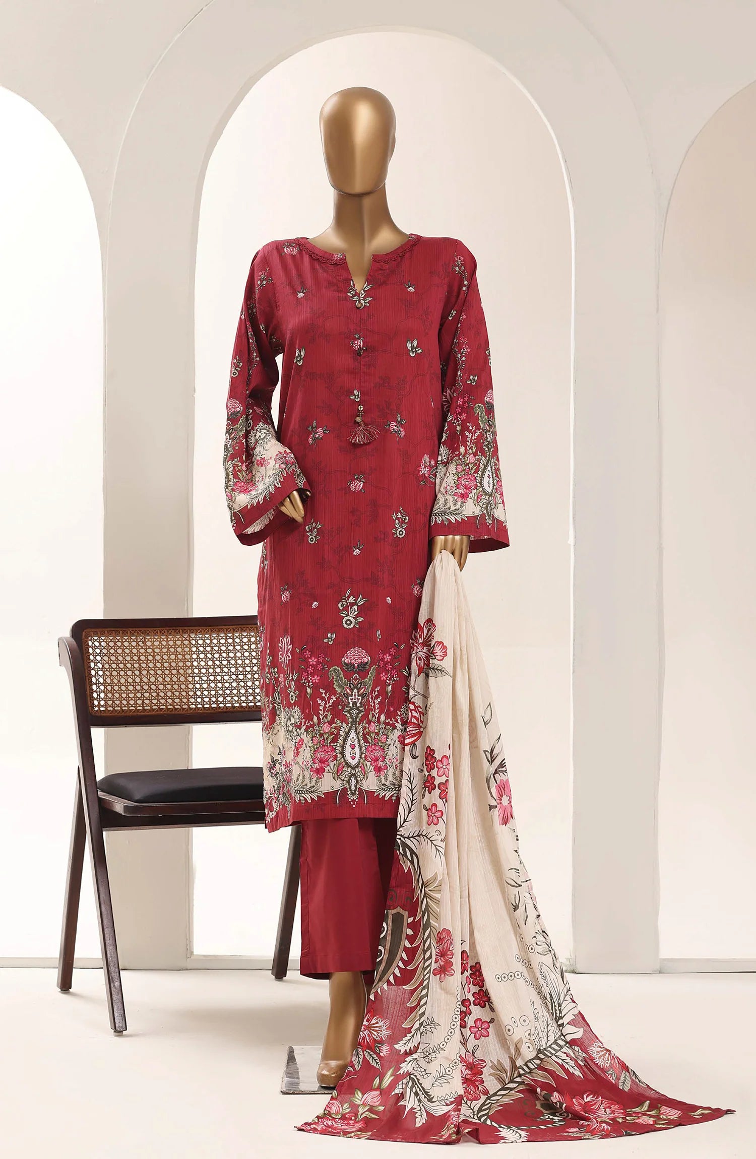Sadabahar Red Printed Lawn Stitched 3 Piece Suit – Summer Collection