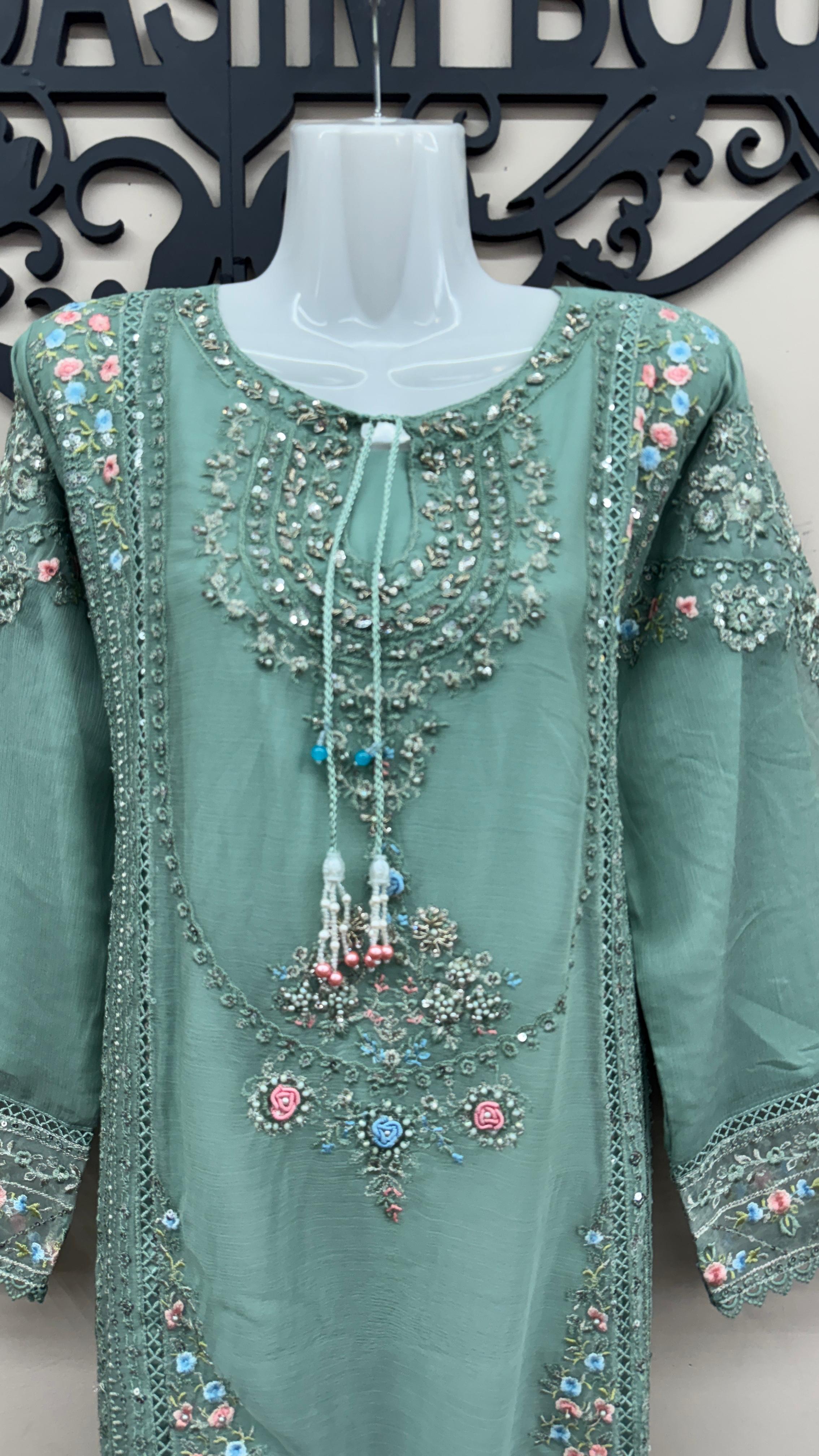 Sage green Pakistani formal suit with floral embroidery
