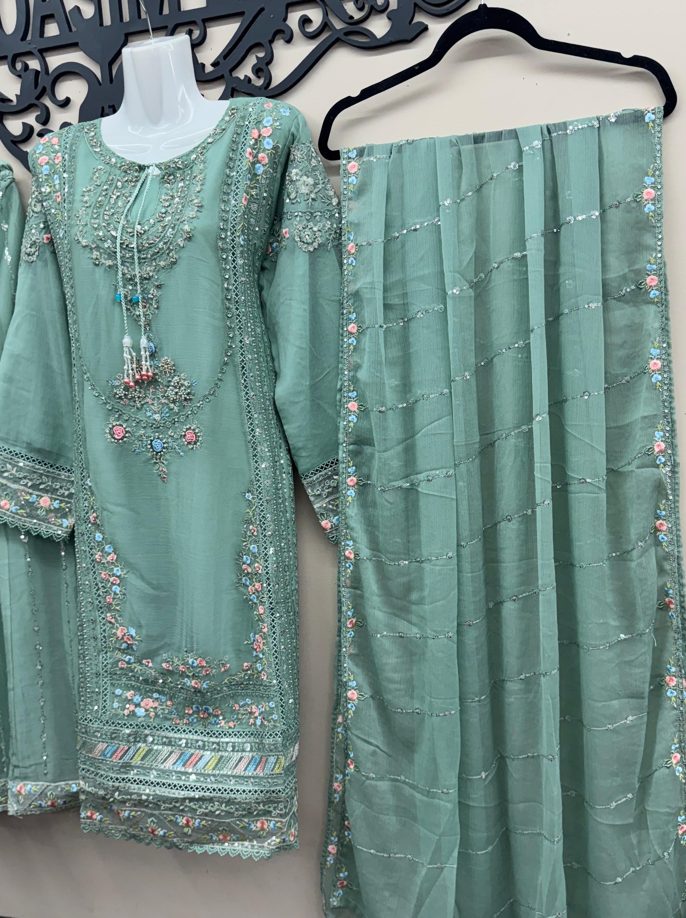 Sage green Pakistani wedding wear with embroidered chiffon dupatta