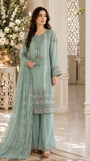 Sage green chiffon 3 piece South Asian dress