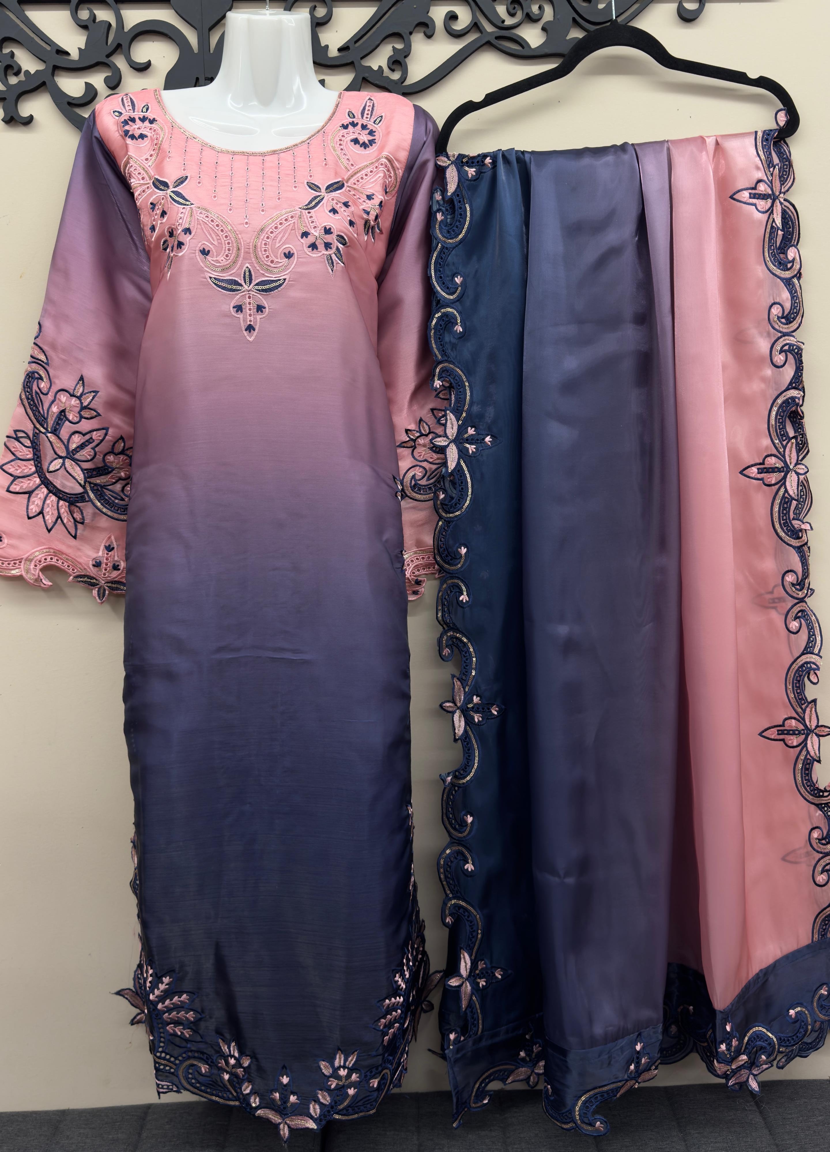 Sheesha silk Pakistani suit with floral paisley cutwork embroidery