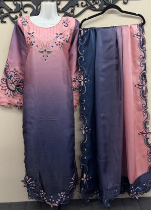 Sheesha silk Pakistani suit with floral paisley cutwork embroidery