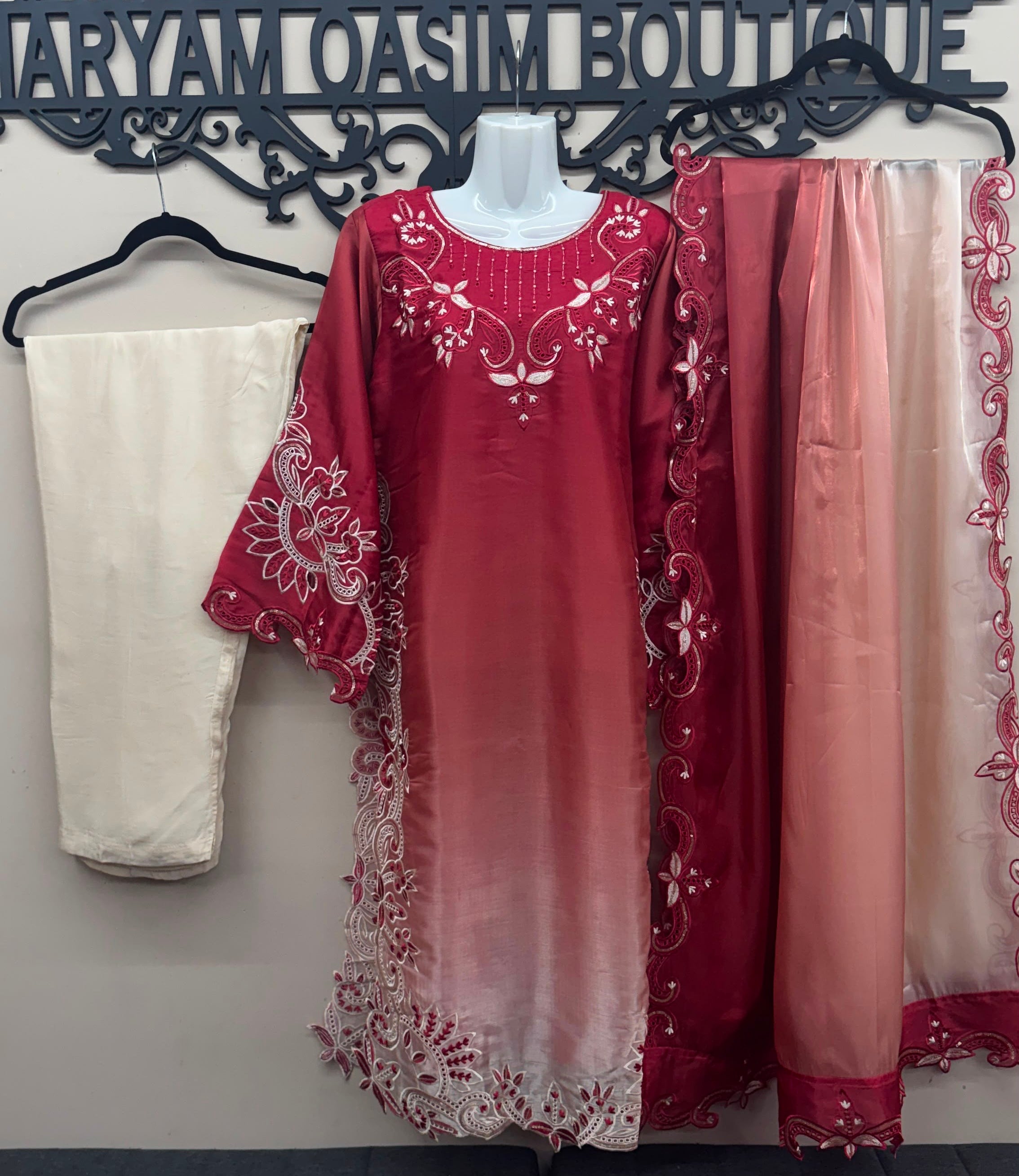 Sheesha silk maroon blush Pakistani formal suit with cutwork embroidery