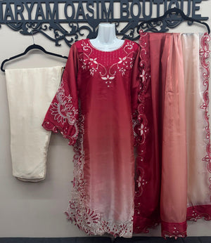 Sheesha silk maroon blush Pakistani formal suit with cutwork embroidery