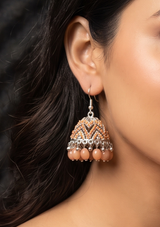 Silver & Peach Jhumka Earrings – Traditional Pakistani Statement Jewelry