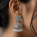 Silver Jhumka Earrings with Square Stone Stud and Pearl Drops