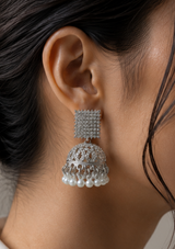 Silver Jhumka Earrings with Square Stone Stud and Pearl Drops