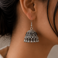 Silver Jhumka Earrings with Black Stone Detailing
