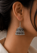Silver Jhumka Earrings with Black Stone Detailing