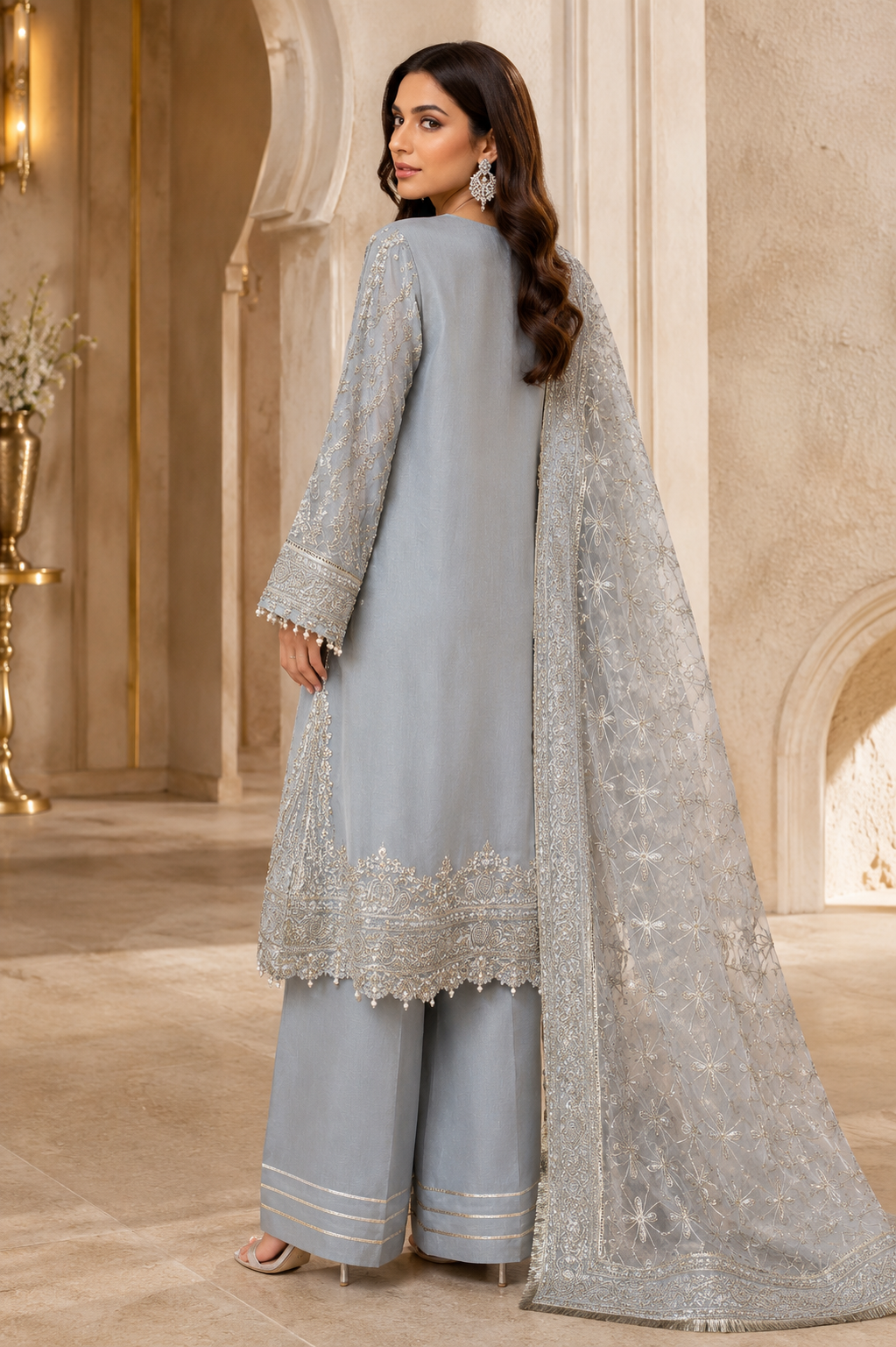 Silver grey embroidered Pakistani shirt with detailed sleeves in Canada